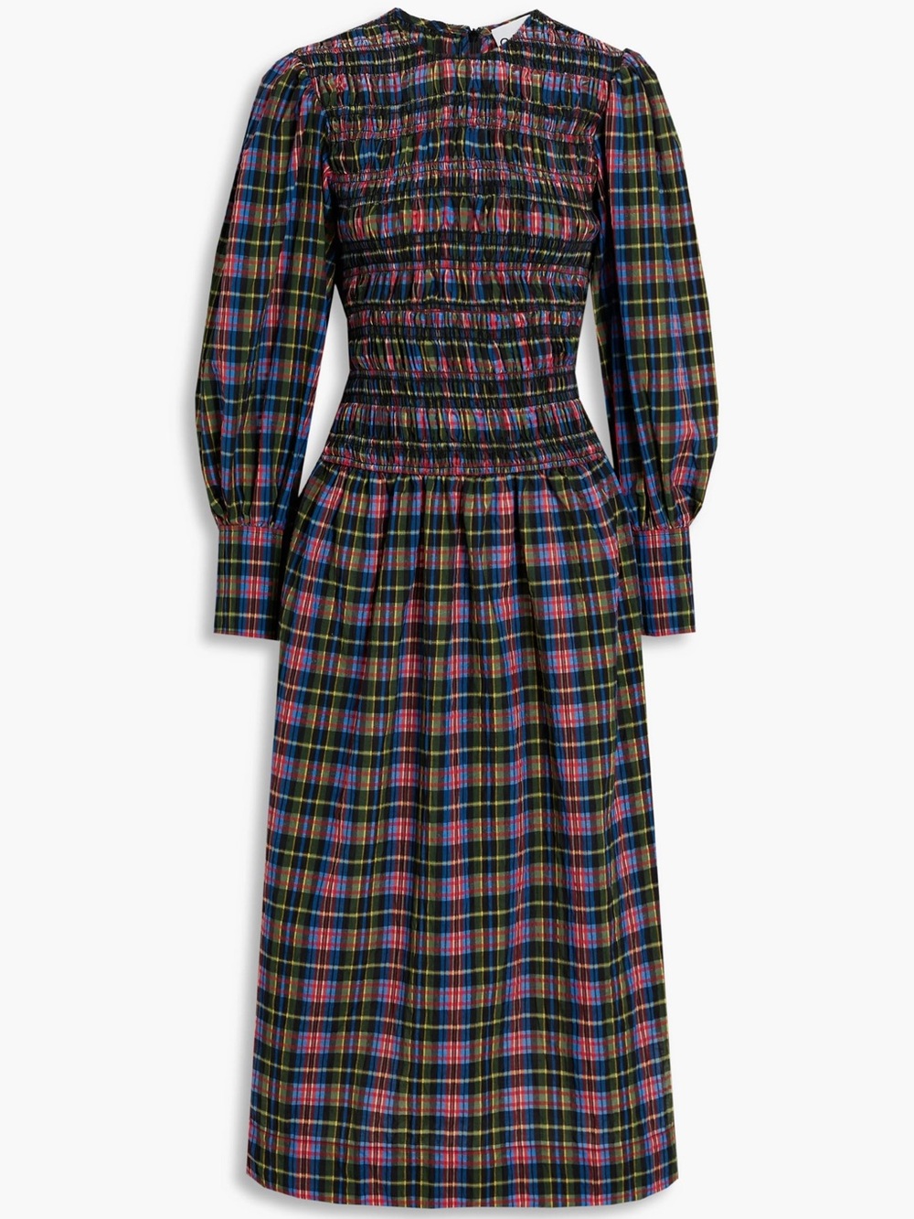 Ganni Multicolor Plaid Smocked Long-Sleeve Midi Dress